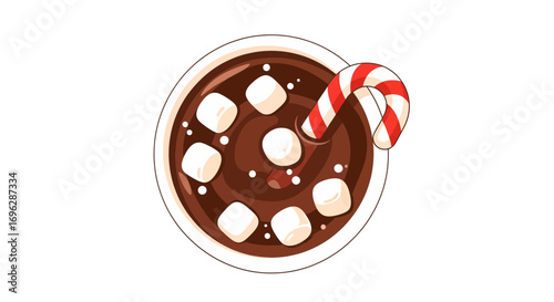 A delightful cup of festive hot cocoa topped with fluffy marshmallows and a striped candy cane, a sweet and comforting beverage for the holiday season