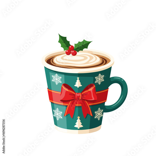 Festive Christmas mug with hot chocolate, whipped cream, and holly decoration. Cozy winter holiday drink illustration