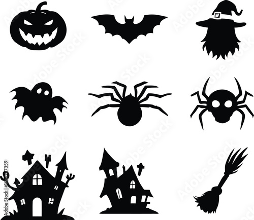 Halloween vector icons collection pumpkin bat ghost spider witch house broom silhouette spooky scary design