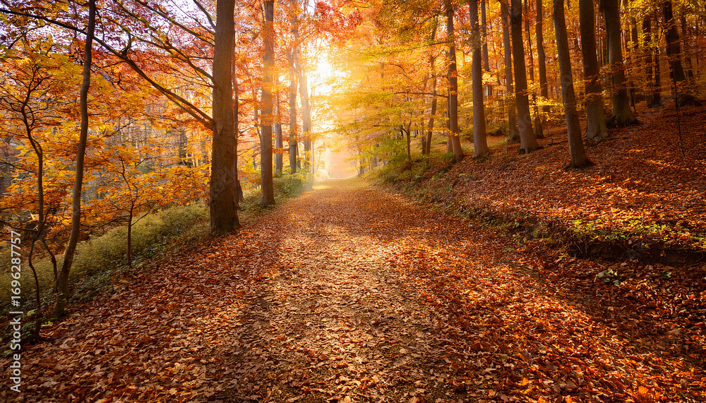 Fototapeta premium A Serene Forest Path Covered With Vibrant Autumn Leaves Sunlight Filters Through The Trees Creating A Warm Golden Atmosphere