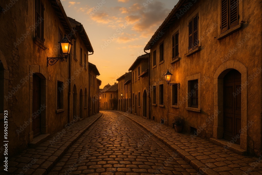 Fototapeta premium Old European street with cobblestone pavement and warm evening light