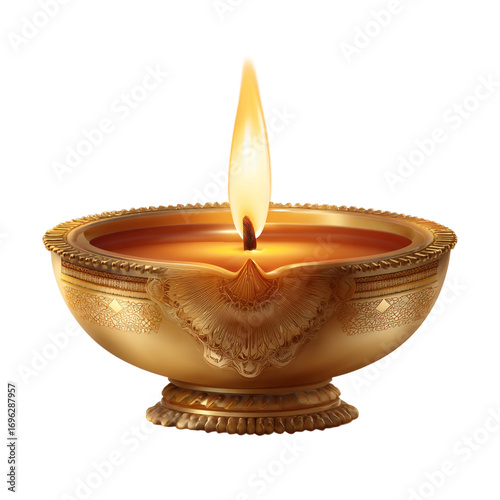 Golden diya lamp glowing isolated on transparent background for diwali celebration