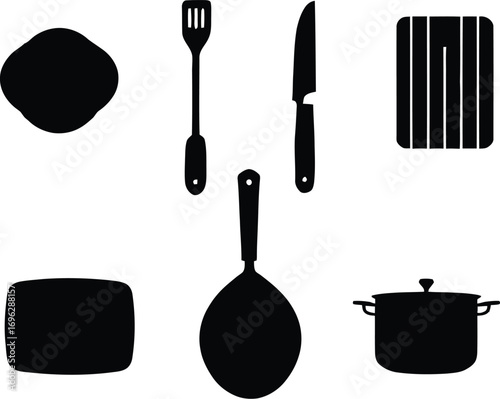 Kitchenware utensils cooking equipment silhouette vector illustration graphic design element set
