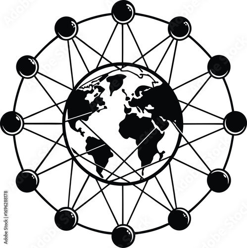 Global Network Connection Vector | World Map with Nodes and Links | Technology Communication Symbol