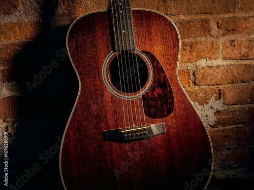 Vintage Acoustic Guitar Leaning Against a Rustic Brick Wall