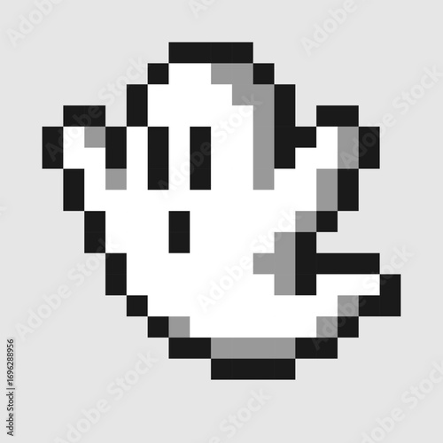 Spooky pixel art ghost illustration. This grayscale character has a sad expression and is perfect for retro video game assets, t-shirt prints, or vintage Halloween designs.