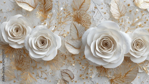 White roses and gold leaves on a textured background