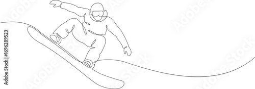 One continuous line drawing of young sporty man snowboarder riding snowboard and jump at alps snowy powder mountain. Winter lifestyle Olympic sport concept.