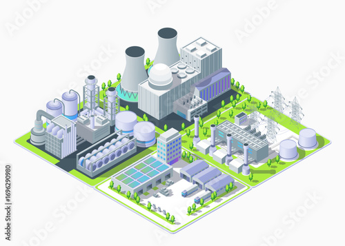 Cartoon Color Geothermal, Petrochemical, Nuclear Power Plant, Logistic Center and Warehouse Industrial Energy Building Concept 3d Isometric View. Vector illustration