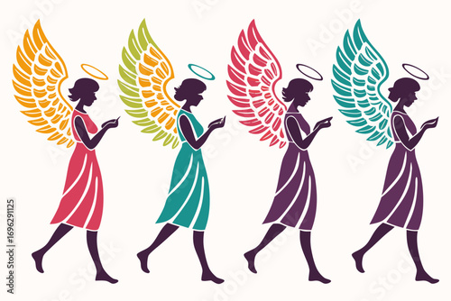 set of Angel with wings silhouette illustration