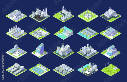 Cartoon Color Different Types Industrial Energy Building on a Platform Set Concept 3d Isometric View. Vector illustration