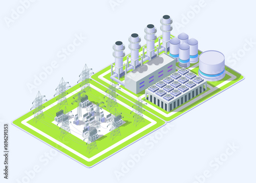 Cartoon Color Electric Substation and Gas Thermal Power Plant Industrial Energy Building Concept 3d Isometric View. Vector illustration