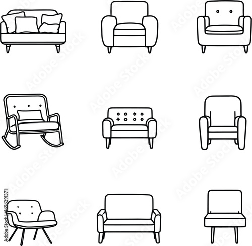 Collection of furniture icons showing sofa armchair rocking chair and other seating options design element