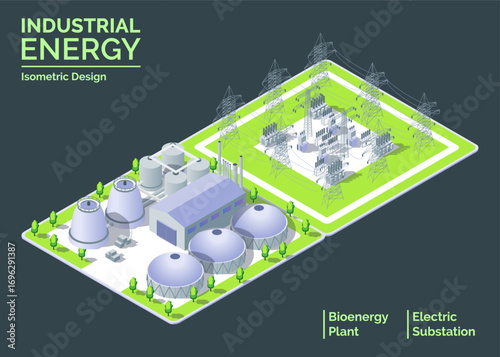 Cartoon Color Electric Substation and Bioenergy Power Plant Industrial Energy Building Concept 3d Isometric View. Vector illustration