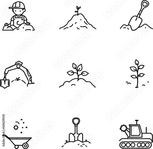 Farming agriculture planting growing seedling soil cultivation equipment vector line icons set design concept
