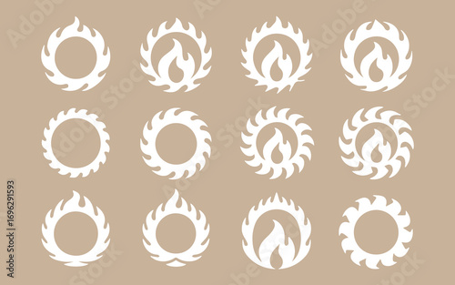 Collection of decorative laurel wreath frames with flames inside