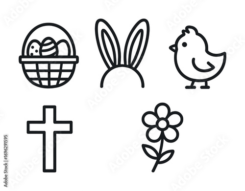 Easter symbols: basket, bunny ears, chick, cross, flower
