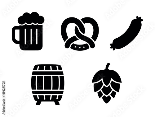 Beer mug, pretzel, sausage, barrel, and hop icons for oktoberfest celebrations
