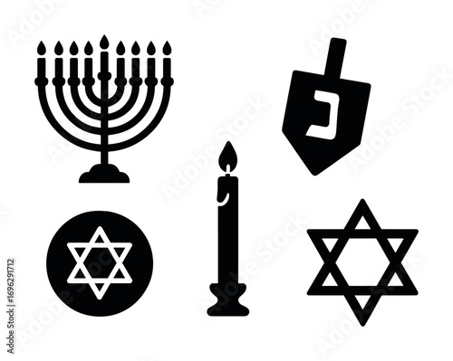 Hanukkah symbols: menorah, dreidel, candle, star of david - jewish holiday icons