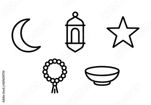 Minimalist icons of crescent moon, lantern, star, prayer beads, and bowl
