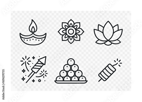 Diwali icon set: diya, mandala, lotus, fireworks, sweets