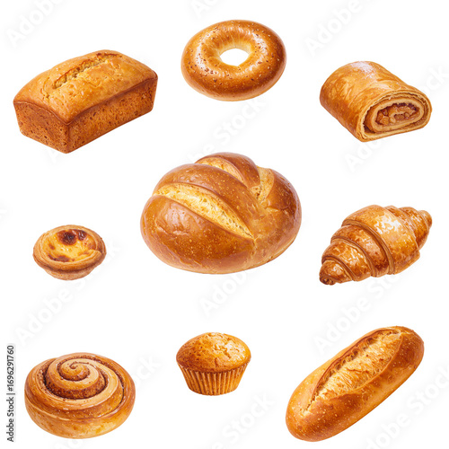 Fresh baked bread and pastry. Seamless pattern on transparent background. Illustration
