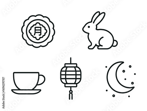 Mid-autumn symbols: mooncake, rabbit, lantern, tea, moon and stars icons