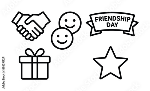 Friendship day icon set: handshake, smiley faces, star, gift box