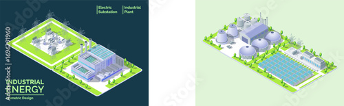 Cartoon Color Bioenergy Plant and Solar Panel Field Industrial Energy Building Concept 3d Isometric View. Vector illustration