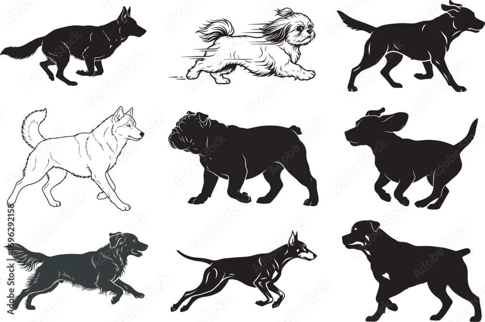 Obraz premium Dog Running Silhouette Vector Bundle – 9 Popular Breeds Pack | Black Animal Clipart on White Background