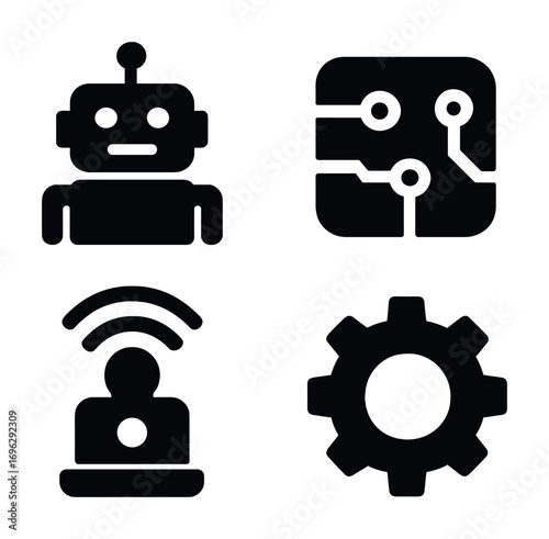Robot icons: ai robot, circuit board, signal, gear technology symbols