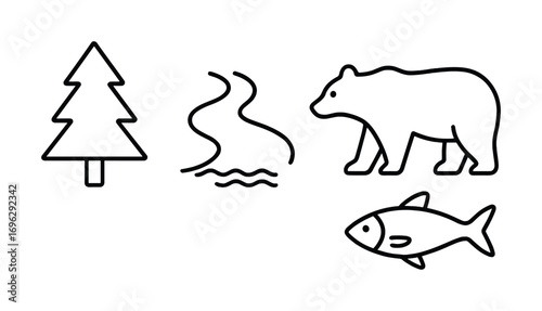 Minimalist nature icons: tree, river, bear, fish in simple black outline