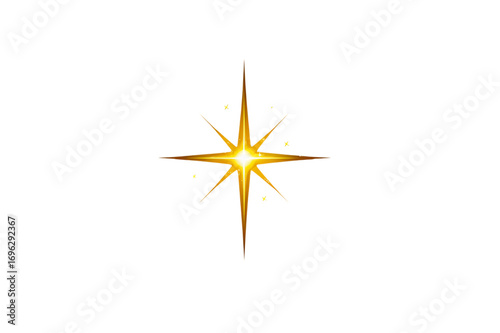 Golden star with four points isolated on transparent background, shining brightly
