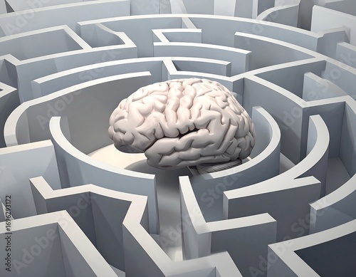 A pale pink brain centered in a complex, light gray maze