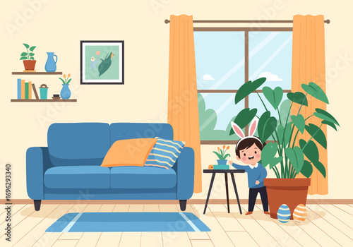 A young child wearing bunny ears carefully waters a large houseplant next to decorated easter eggs in a brightly lit living room on a sunny day
