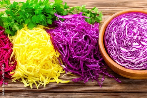 Colorful shredded cabbage assortment displayed on a wooden surface ready for salad preparation at a kitchen