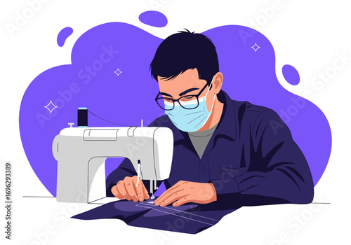 Skilled tailor wearing a protective face mask meticulously operates a sewing machine crafting a garment with precision and care