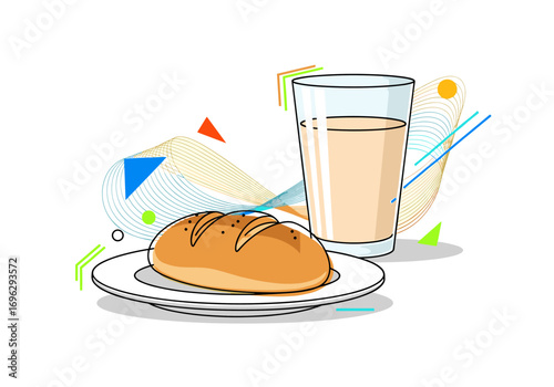 Simple and healthy breakfast food with bread and milk enjoying morning meal time
