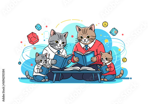 A whimsical illustration of a feline family enjoying a reading session together outdoors