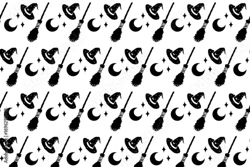 Seamless vector pattern with classic Halloween symbols, including witch hats, broomsticks, and moons. Perfect for backgrounds, fabrics, and digital paper.