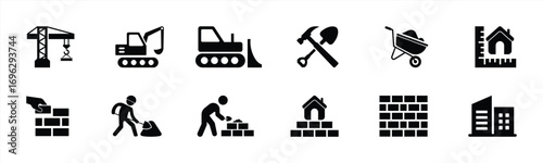 Construction Icon Set – Vector Illustration of Building, Architecture, Heavy Equipment, Worker, Tools, and Real Estate Development Symbols