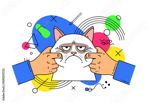 Expressing extreme feline displeasure through cheeks being squeezed by hands in a playful abstract art style