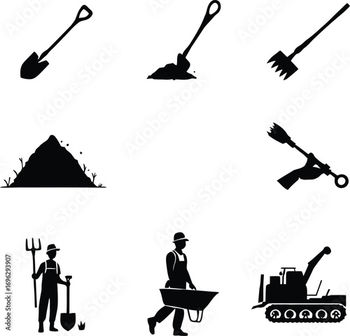 Construction equipment tools vector illustration set shovel rake worker wheelbarrow crane silhouette design 100