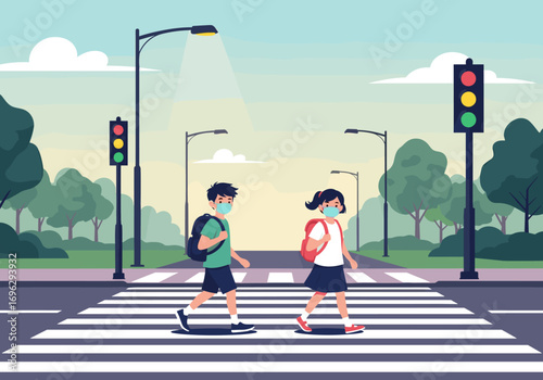 Children wearing masks and backpacks cross a busy street at a marked pedestrian crossing under traffic lights and street lamps on a sunny day with green trees in the background