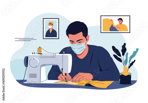 Man wearing face mask sewing clothes using sewing machine at home