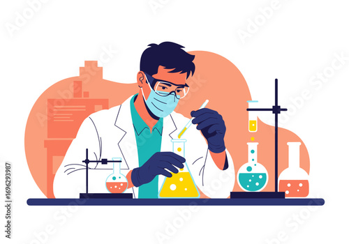 A dedicated scientist meticulously conducting a complex experiment with precision in a modern laboratory setting surrounded by advanced equipment and bubbling colorful solutions