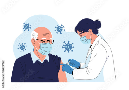 Elderly person receiving a protective vaccine injection from a healthcare professional during a global health crisis