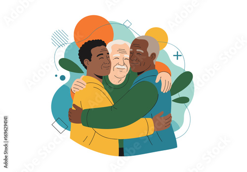 Three older men from different ethnic backgrounds hugging each other warmly and affectionately showing friendship and care