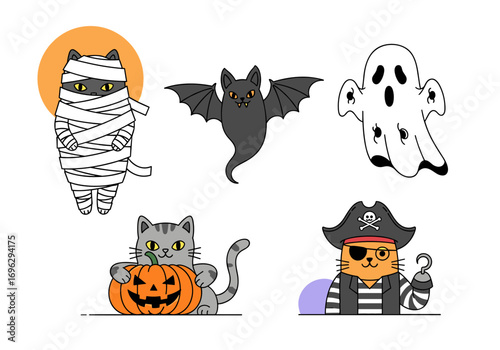 Cute halloween cat characters with pumpkin bat and ghost illustrations for holiday decorations and designs
