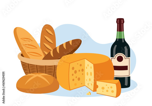 Delicious assortment of fresh baked goods and gourmet cheese pairing perfectly with fine wine